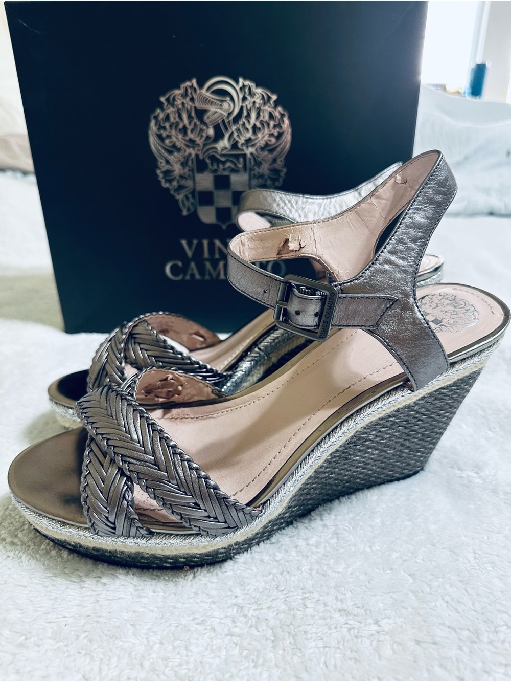 Vince Camuto Metallic Silver Braided Wedge Sandals